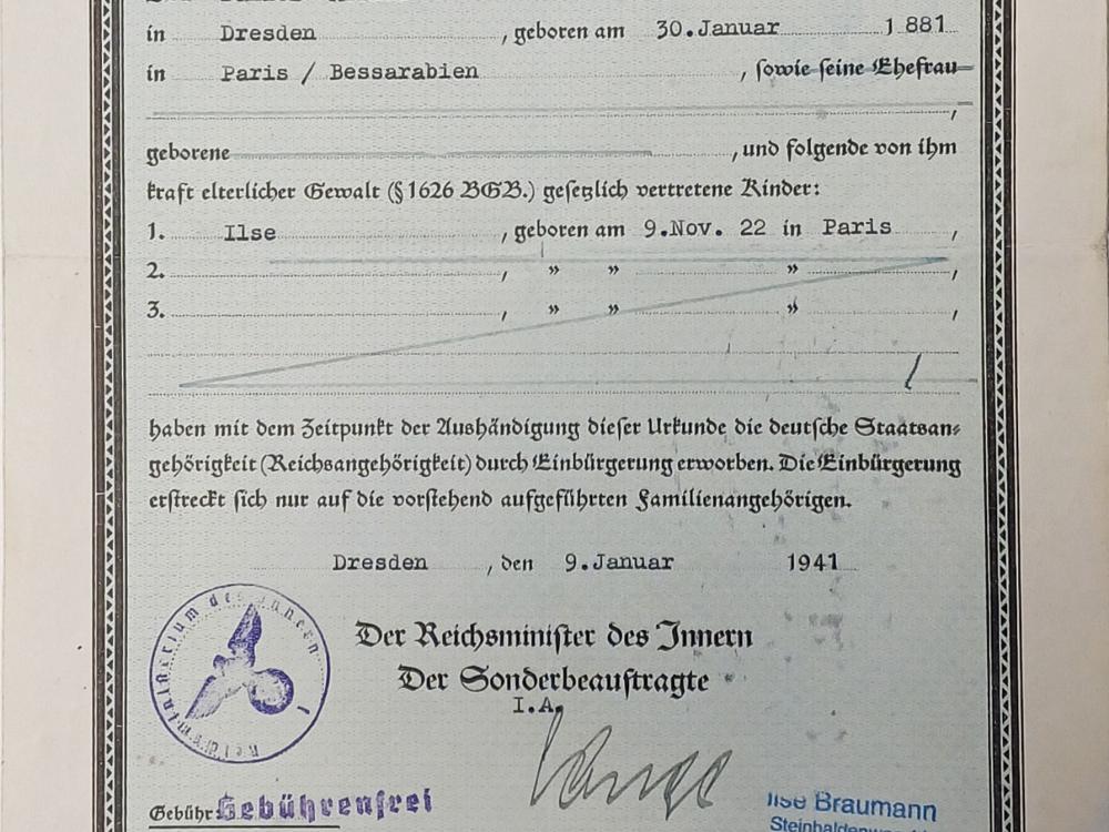 Einbürgerungsurkunde von 1941